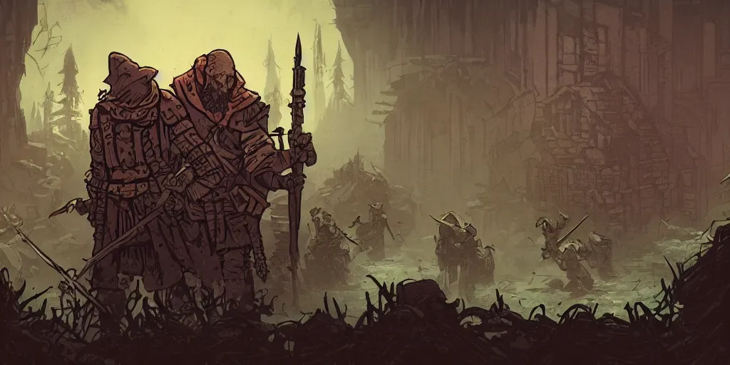 Prompt: portrait. darkest dungeon. pc game. sideview. transparent background. art by moebius and thomas kinkade and greg rutkowski.