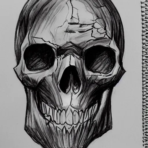 Prompt: black pen sketch of a superman zombie skull, the desert is in color pencil, elephant skull, pencil, intermediate art, paper art, pencil, bold lines, humans with apocalypse clothes on in the background, by a oil painter