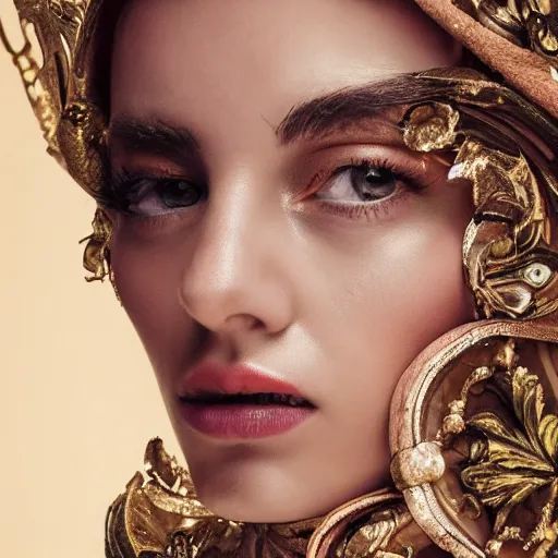 Image similar to close up of face of female fashion model, baroque style, beige colors, official vogue editorial, highly detailed