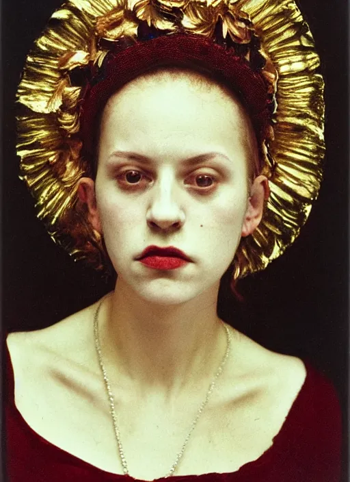 Prompt: portrait of young woman in renaissance dress and renaissance headdress, art by nan goldin