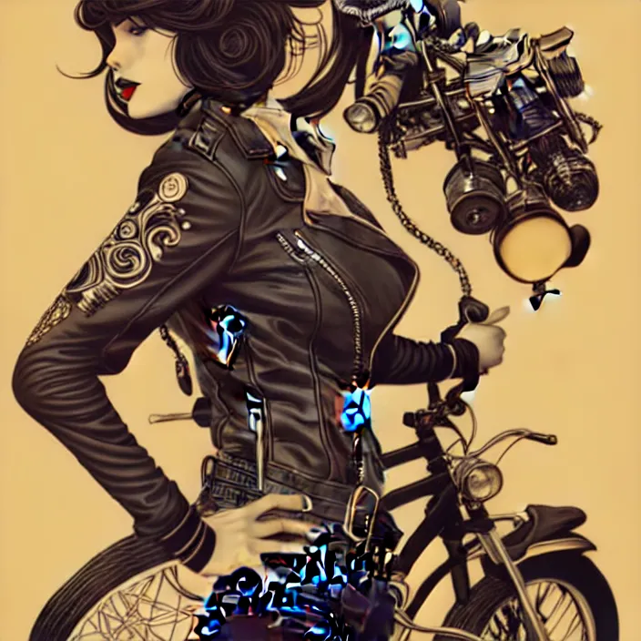 Image similar to female biker illustration, vector art style, medium shot, intricate, elegant, highly detailed, digital art, ffffound, art by jc leyendecker and sachin teng