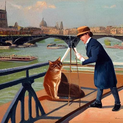 Image similar to ewan mcgregor is standing by the river seine on a bridge in the morning. he is wearing a gentleman ´ s outfit with a bowler hat. next to him at his feet is lying a brown cat. ewan mcgregor is painting a canvas that is put on an easel. morning light. early 2 0 th century paris. vivid colours, digital art