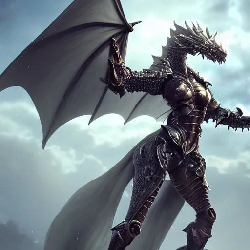 Image similar to highly detailed realistic stunning shot of a beautiful elegant anthropomorphic female dragon knight, doing a majestic pose, armor made of steel, sharp claws and tail, cloak flittering in the wind, high quality, HD octane render, epic cinematography, Artstation, Deviantart, Furaffinity