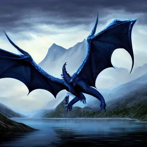 Prompt: dark blue dragon flying over a lake with a person in claws, mist, fog, lightning and thunder, mountains in background, detailed digital painting, dungeons and dragons, trending artstation