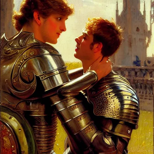 Image similar to attractive fully clothed arthur pendragon confesses his love for his attractive fully clothed male knight. highly detailed painting by gaston bussiere and j. c. leyendecker 8 k