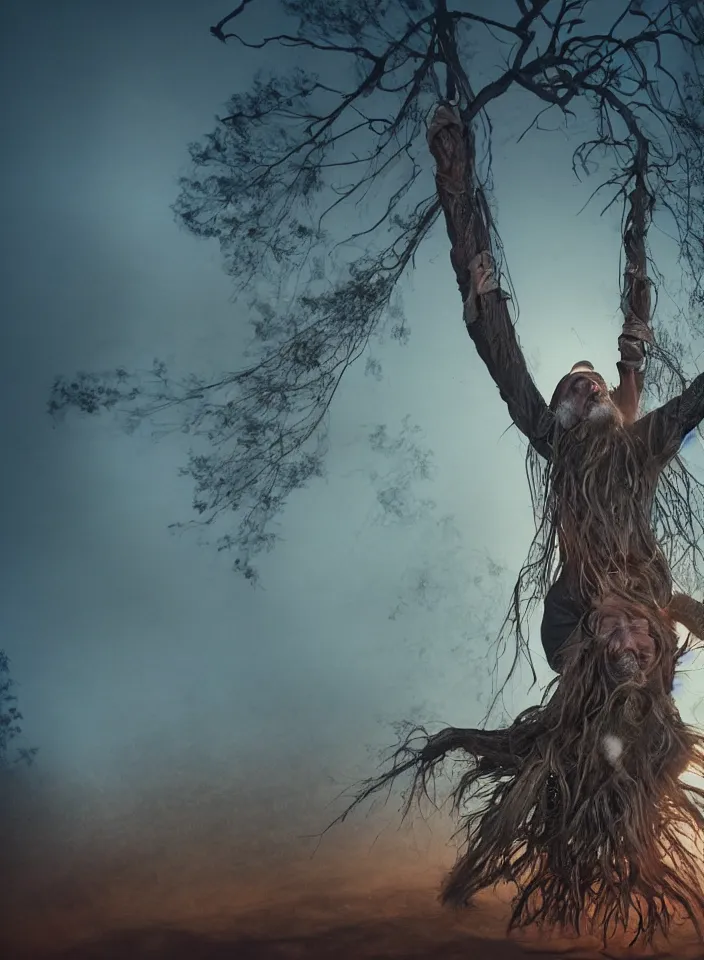 Prompt: full body shot of old asian man with long beard, hanging from a tree, his head hanging upside down, covered in roots, bright multiple glowing eyes, reflections, holding a occult carved wooden dark fractal stick, hanging upside down, head upside down, thick smoke around him, in the burning desert, cinematic shot, wide angle, dark desert background, volumetric lighting by Denis Villeneuve, Lubezki, Gaspar Noe, Christopher Doyle and Alejandro Jodorowsky, anamorphic lens, anamorphic lens flares, kodakchrome, cinematic composition, practical effects, award winning photo, 8k