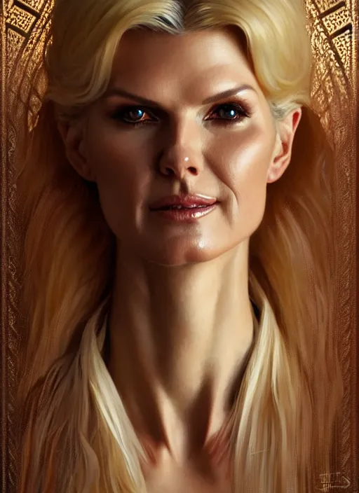 Image similar to portrait of victoria silvstedt as a lady, collar and leash, leather, greek, intricate, headshot, highly detailed, digital painting, artstation, concept art, sharp focus, cinematic lighting, illustration, art by artgerm and greg rutkowski, alphonse mucha, cgsociety