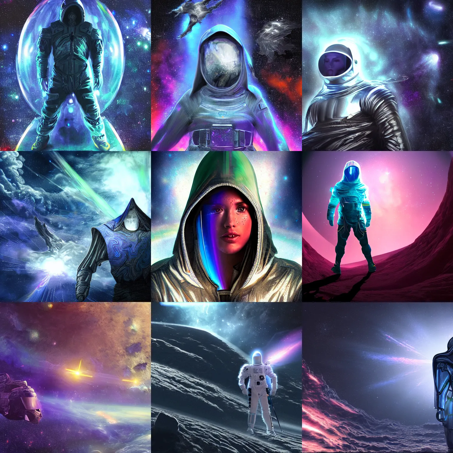 Prompt: Epic realistic hyper-detailed space scene featuring the warrior hooded entity of iridescent future technology