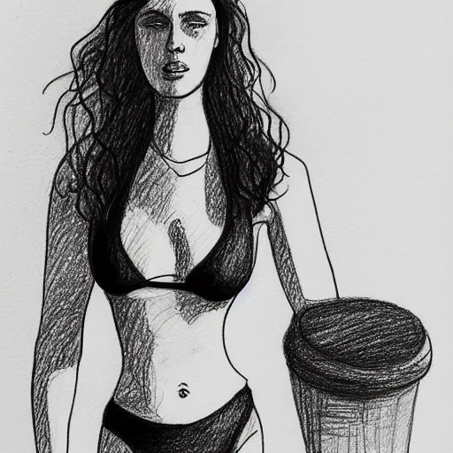 Prompt: a drawing of a woman in a bathing suit, an ink drawing by sam bosma, featured on tumblr, modern european ink painting, ink drawing, outlined art, stipple