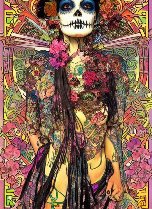 Image similar to psychedelic poster art of a cute punk goth fashion fractal Día de los Muertos tattooed girl posing in goth outfit by Victor Moscoso Rick Griffin Alphonse Mucha Gustav Klimt Ayami Kojima Amano Charlie Bowater, masterpiece