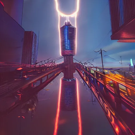 Prompt: auckland city and sky tower furturistic beacon, dynamic lighting, cinematic composition, upside down stranger things, cyberpunk, evil, artstation, octane render