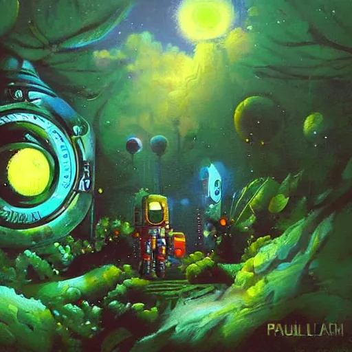 Prompt: a painting of an astronaut in a futuristic enchanted forest by paul lehr