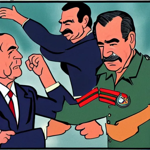 Prompt: Illustration of George H.W. Bush punching Saddam Hussein