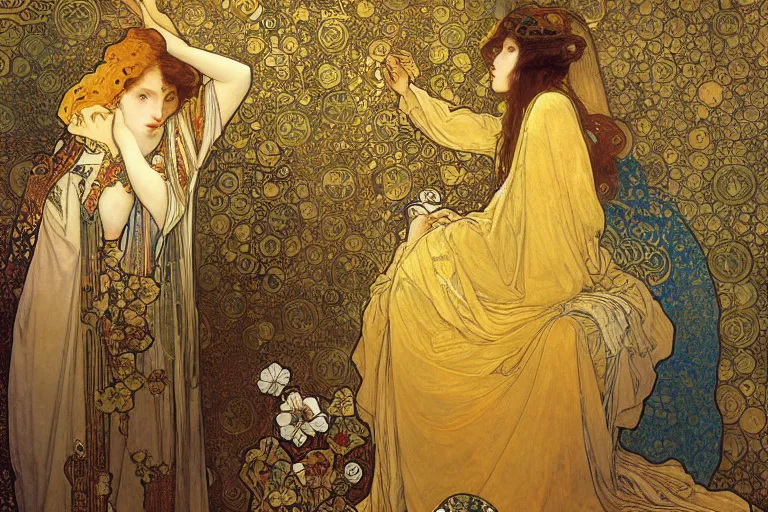 Image similar to the annunciation oil painting by alphonse mucha and gustav klimt gold leaf, intricate detailed,