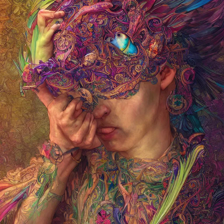 Image similar to A reality bending psychedelic ayahuasca experience, colorful, distorted, surreal, tropical bird feathers, dramatic lighting on the face, intricate, elegant, highly detailed, digital painting, concept art, smooth, sharp focus, illustration, art by Krenz Cushart and Wayne Barlowe and alphonse mucha