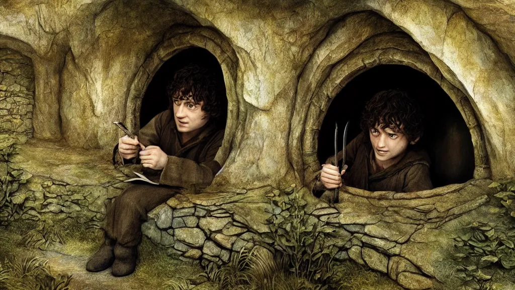 Prompt: frodo writing in his journal inside his hobbit hole bag end at the end of his journey, hobbiton visible through a window, by alan lee, michal karcz, smooth details, lord of the rings, game of thrones, smooth, detailed terrain, oil painting, trending artstation, concept art, fantasy matte painting