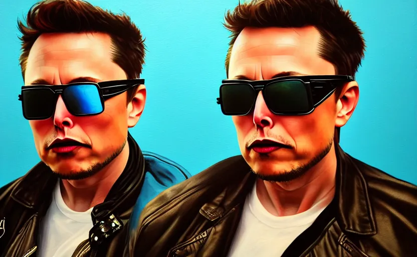 Prompt: closeup painting of elon musk, cyberpunk, wearing light blue shutter shades and a dark brown leather jacket, portrait, hyperdetailed, artstation, cgsociety, 8 k, synthwave by tangerine dream