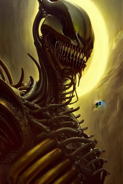 Prompt: a portrait of xenomorph king with glow eyes, high detail, realistic by gaston bussiere, bayard wu, greg rutkowski, giger, maxim verehin, greg rutkowski, masterpiece, sharp focus, cinematic lightning