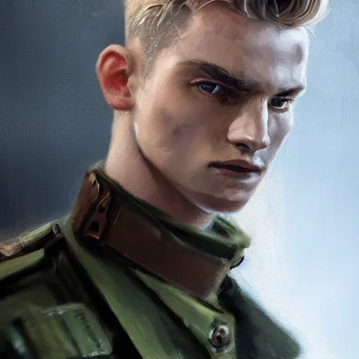 Prompt: Portrait of a man by Greg Rutkowski, he is about 20 years old, norwegian, short blond quiff hair, young, manly, attractive, strong, older brother vibes, he is wearing futuristic military fatigues, highly detailed portrait, scifi, digital painting, artstation, concept art, smooth, sharp foccus ilustration, Artstation HQ