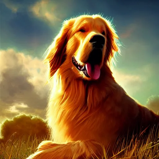 Prompt: colossal fluffy golden retriever, golden hour, fantasy, vivid colors, sharp focus, digital art, hyper - realistic, 4 k, unreal engine, highly detailed, hd, dramatic lighting by brom, trending on artstation