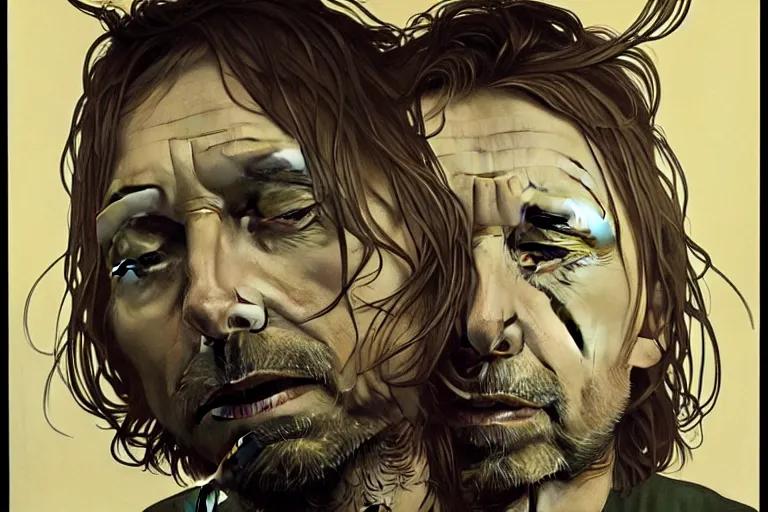 Image similar to hyper realistic portrait of thom yorke singer songwriter, side, liminal space, by lee bermejo, alphonse mucha and greg rutkowski