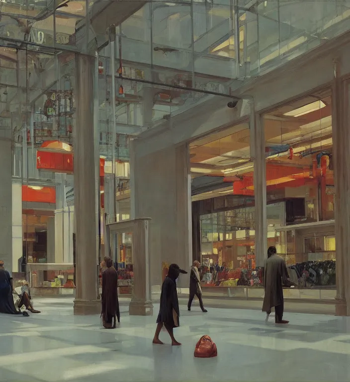 Image similar to motion controlled camera in transparent robes, in magnificent shopping mall, oil painting by edward hopper, zdislav beksinski, wayne barlowe