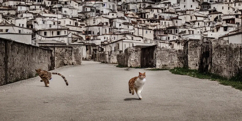 Image similar to photography of a cat running away with mortadella in his mouth with trullo houses in the background, photoreal, 3 5 mm, award winning photography