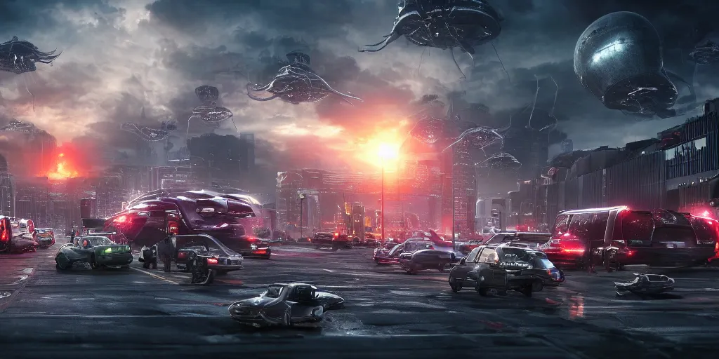 Image similar to an alien invasion stopped as the aliens are caught in a traffic jam, telltale style, realistic 4k octane beautifully detailed render, 4k post-processing, highly detailed, intricate complexity, epic composition, magical atmosphere, cinematic lighting, masterpiece, ultra hd