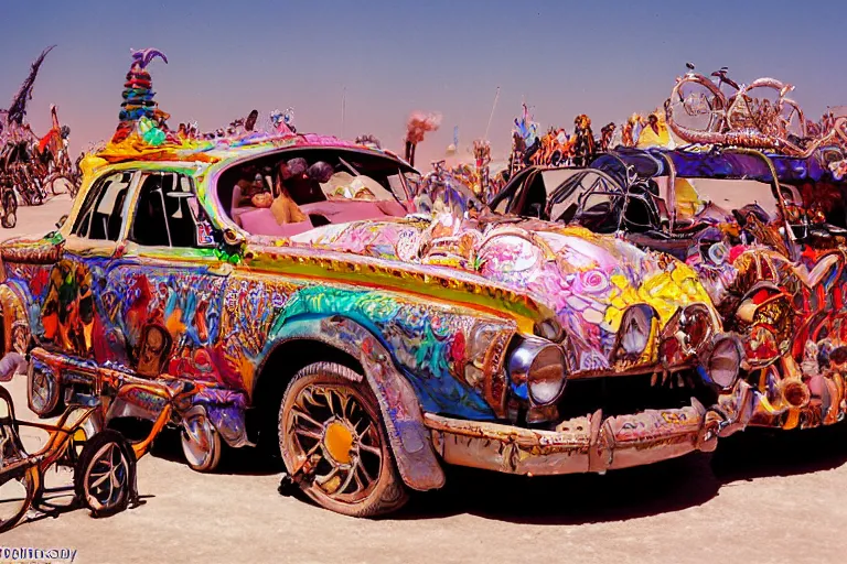 Image similar to creative fanciful Art Cars of BurningMan on the Playa, Kodachrome, photorealistic, detailed with colorful people,