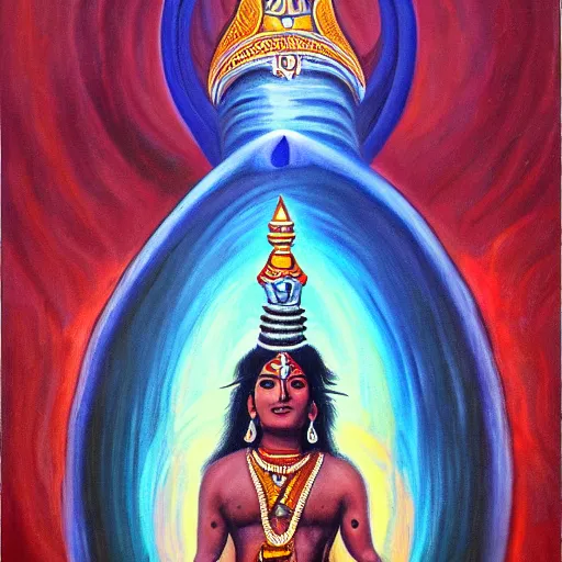 Prompt: Epic wide angle portrait of Shiva emerging from a lingam shaped rocket ship, oil painting