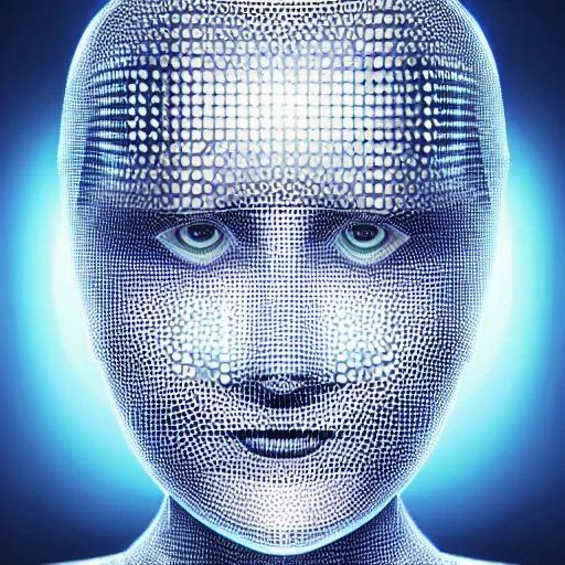 Image similar to an insanely detailed cibernetic artwork of a futuristic artificial intelligence superstar, centered image, perfectly symmetrical face, with frames made of detailed fractals, octsne render, 4k, insanely detailed, detailed grid as background, cgi