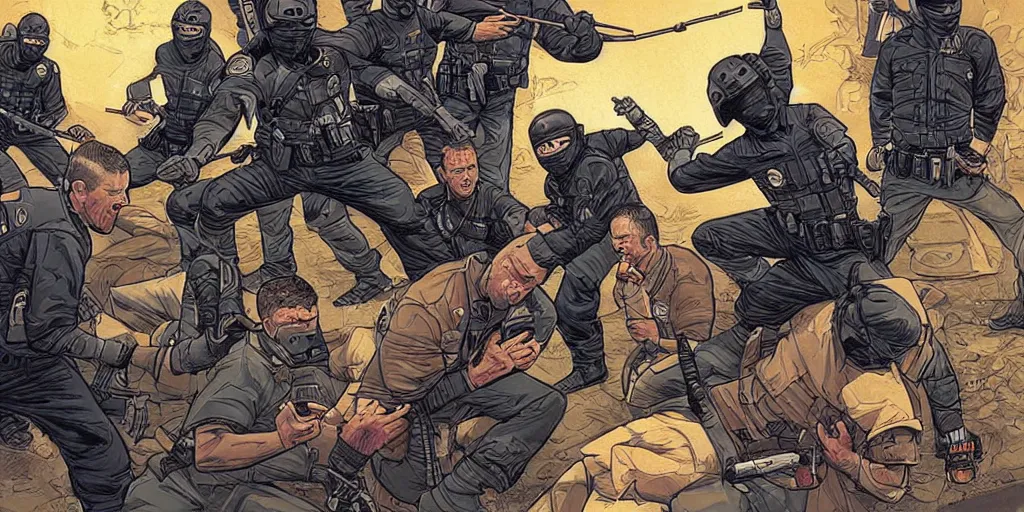 Prompt: Milwaukee cops vs. Ninjas. Epic painting by James Gurney and Laurie Greasley.