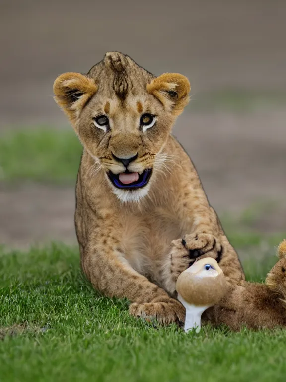 Image similar to 4K HD, high detail photograph, shot with Sigma f/ 4.2 , 250 mm sharp lens, shallow depth of field : (subject= baby lion eating a duck + subject detail= accurate body features, consistent, high detailed light refraction , high level texture render)