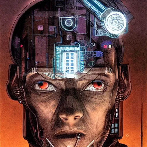 Image similar to Digital portrait of a cyborg from Ghost in the machine by Enki bilal and Moebius and Salvator dali, cyberpunk, impressive perspective, aesthetic, masterpiece