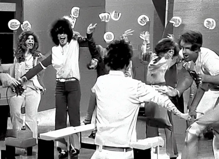 Prompt: a broadcast still of a 8 0 s game show and contestants playing crazy games