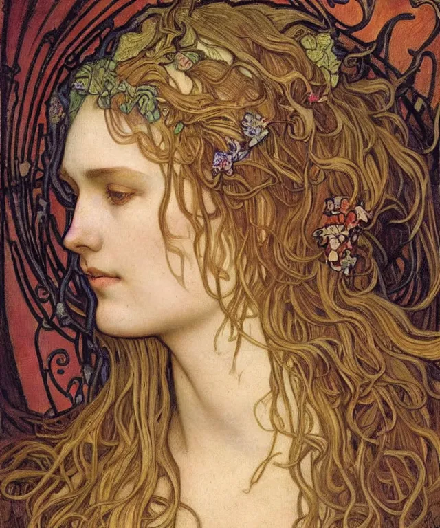 Image similar to detailed realistic beautiful young medieval queen face portrait by jean delville, alphonse mucha, vincent van gogh, and marco mazzoni, art nouveau, symbolist, visionary, gothic, pre - raphaelite