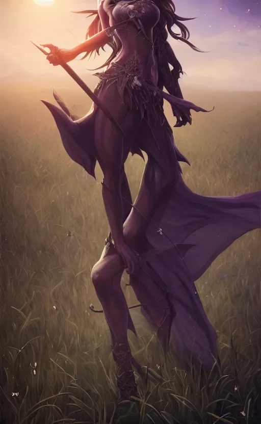 Prompt: medium shot of dark elf witch in field, sunny, highly detailed, d & d, fantasy, highly detailed, digital painting, trending on artstation, concept art, sharp focus, illustration, global illumination, ray tracing, realistic shaded, art by artgerm and greg rutkowski and fuji choko and viktoria gavrilenko and hoang lap