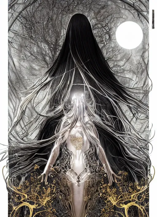 Image similar to glowing silver and golden elements, portrait, A beautiful dark witch in front of the full big moon, book cover, green forest, red white black colors, establishing shot, extremly high detail, foto realistic, cinematic lighting, pen and ink, intricate line drawings, by Yoshitaka Amano, Ruan Jia, Kentaro Miura, Artgerm, post processed, concept art, artstation, matte painting, style by eddie, raphael lacoste, alex ross