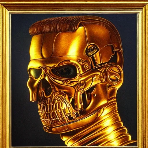 Prompt: Terminator T-800, portrait, atmospheric lighting, painted, golden ratio, golden hour, intricate, highly detailed by Rembrandt