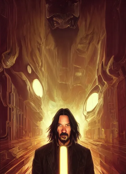 Prompt: Keanu Reeves, red glowing eyes, silver long hair, male, cyberpunk, extremely detailed, digital painting, artstation, concept art, smooth, sharp focus, illustration, stunning lighting, art by artgerm and greg rutkowski and alphonse mucha and simon stalenhag, realistic character concept, high fantasy, dark atmosphere, golden ratio, cinematic lighting, hyperdetailed, high resolution, insanely detailed and intricate, artstation, Marc Simonetti, Greg Rutkowski, 8k