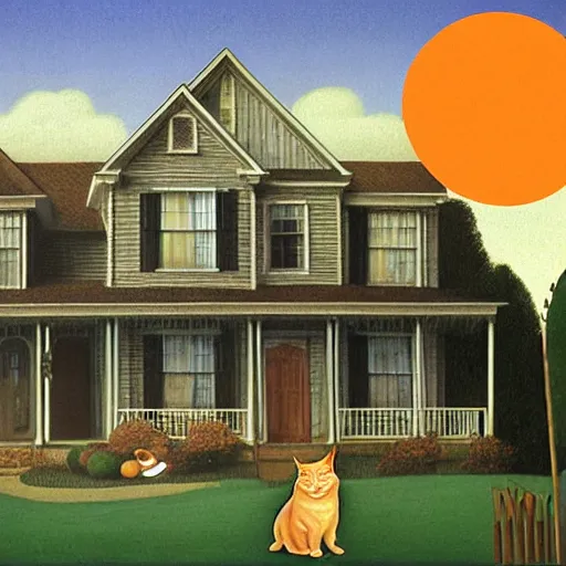 Image similar to fat orange tabby cat and curly haired man in american gothic by grant wood