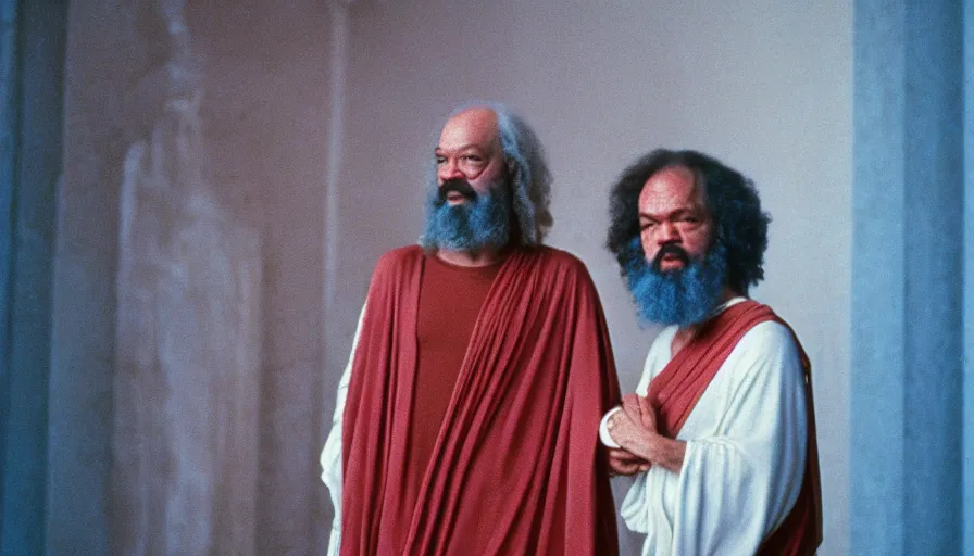 Prompt: 1 9 7 0 s movie still of socrates in red drapery in a light blue neoclassical building with waterfalls and collums, cinestill 8 0 0 t 3 5 mm, high quality, heavy grain, high detail, panoramic, ultra wide lens, cinematic light, dramatic light, flares anamorphic