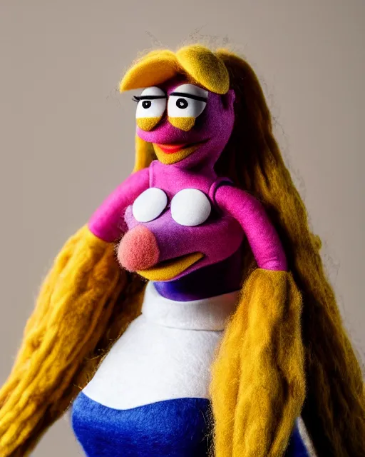 Image similar to angela martin as a muppet. highly detailed felt. hyper real photo. 4 k.