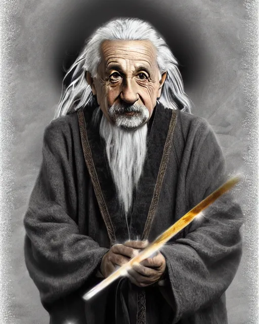 Image similar to Albert Einstein as Gandalf, Lord of the Rings, elegant robe, portrait art, wooden glowing staff, dark fantasy forest, fine details, perfect, 8k high detail, masterpiece, trending on ArtStation