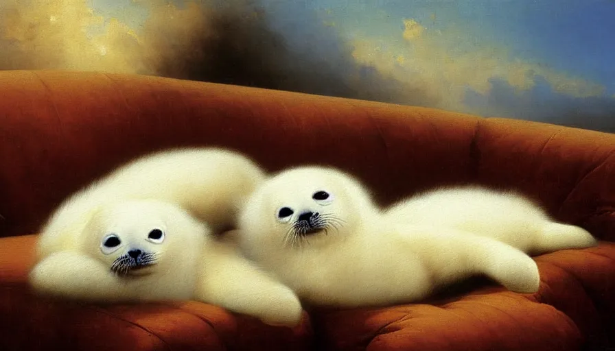 Image similar to highly detailed painting of cute furry white baby seals cuddling up on a brown leather sofa with ice by ivan aivazovsky, thick brush strokes and visible paint layers, 4 k resolution, lounge background