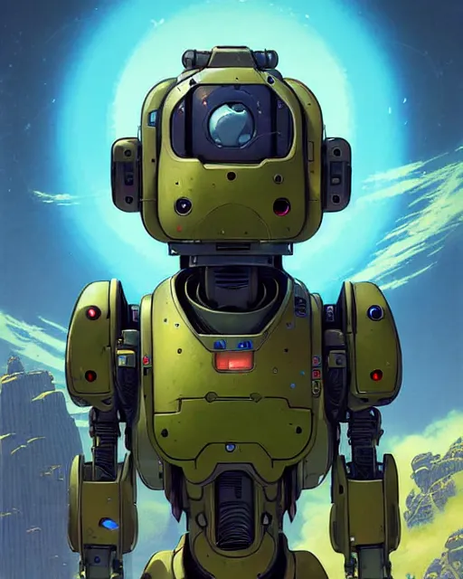 Prompt: bastion the friendly robot from overwatch, character portrait, portrait, close up, concept art, intricate details, highly detailed, vintage sci - fi poster, retro future, in the style of chris foss, rodger dean, moebius, michael whelan, and gustave dore