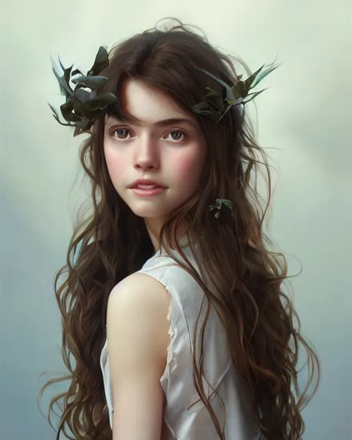 Image similar to symmetry!! portrait of smiling 1 5 - year - old girl with voluminous bushy brown hair, large front teeth, and bright piercing brown eyes, highly detailed, digital painting, artstation, concept art, smooth, sharp focus, illustration, art by artgerm and greg rutkowski and alphonse mucha