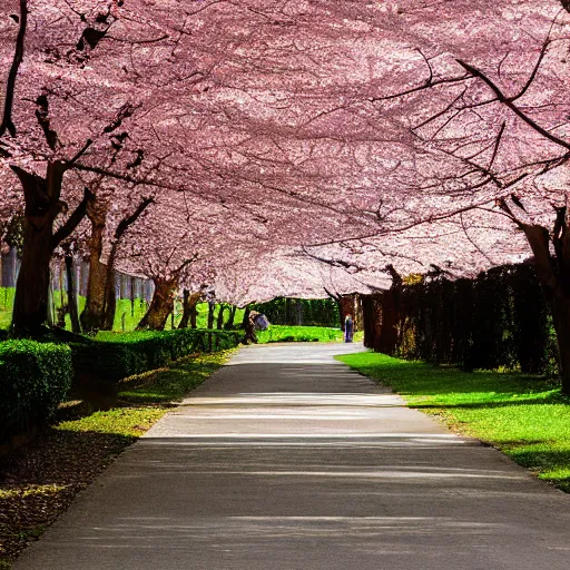 Prompt: stone path through a cherry blossom filled valley leading to a monastery. adult swim, minimalistic