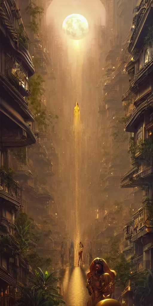 Image similar to golden ornate goddess looking at a hyper realistic cyberpunk city, busy crowded market street overtaken by lush plants, full moon, light rays, gnarly trees by tom bagshaw, mucha, gaston bussiere, craig mullins, j. c. leyendecker 8 k