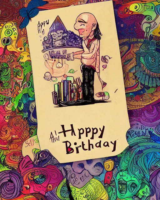 Image similar to happy birthday postcard in a style of Neil Gaiman book, trending on artstation, 8k, highly detailed